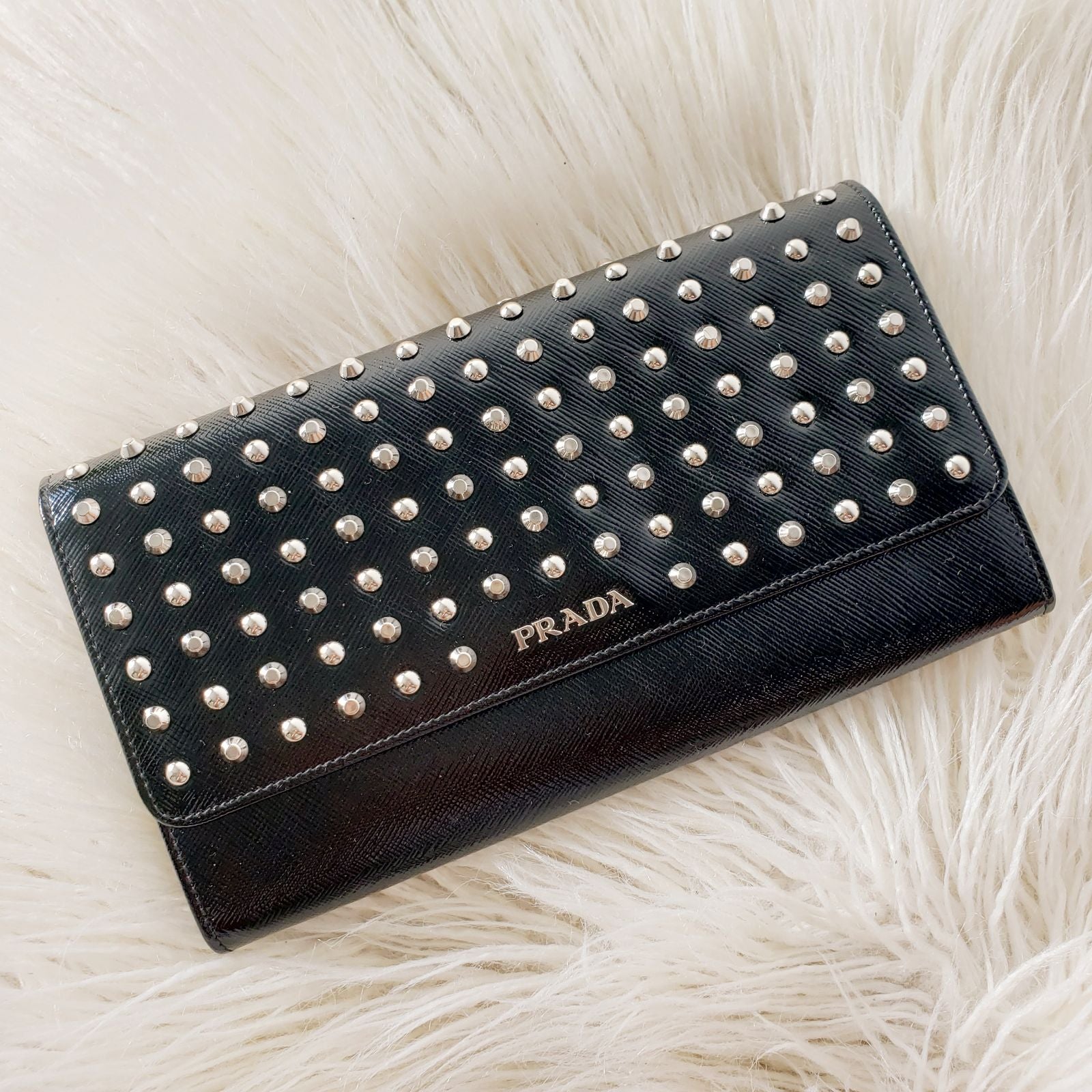 PRADA SAFFIANO VERNICE STUDDED CLUTCH