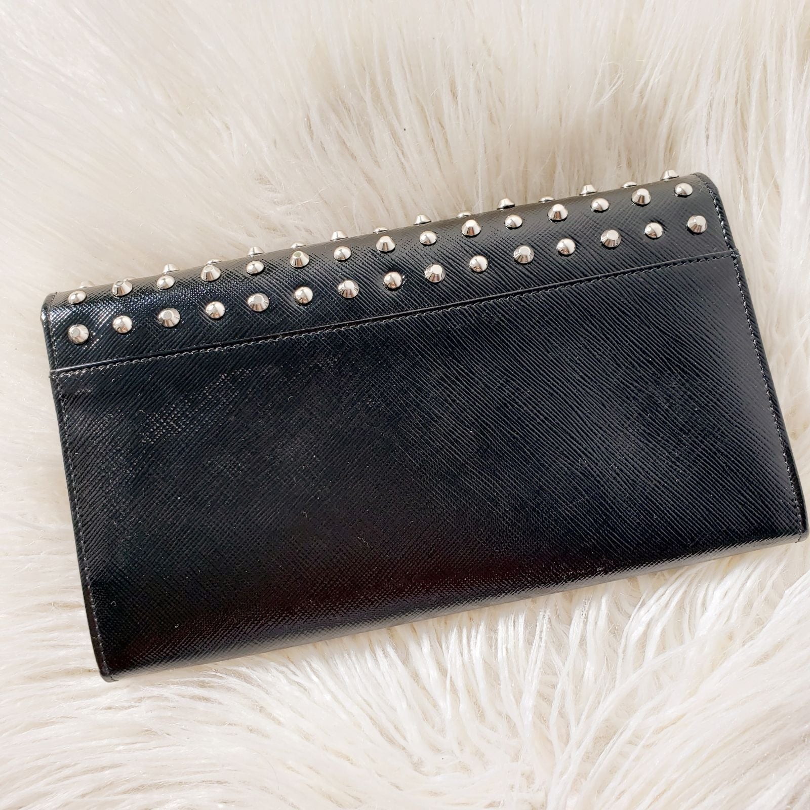 PRADA SAFFIANO VERNICE STUDDED CLUTCH